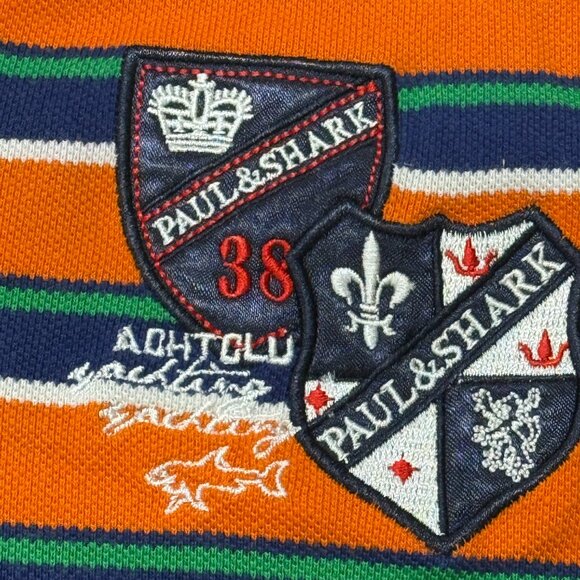 Paul & Shark Polo Shirt Womens XXL Short Sleeve Orange Striped Crest Logo Patch - Picture 8 of 9
